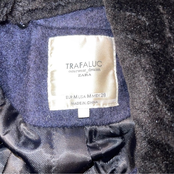 Zara navy blue double breasted peacoat detachable faux fur collar medium - Picture 7 of 9
